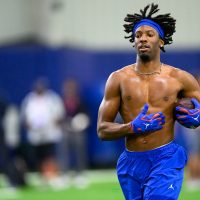 Wide receiver J. Michael Sturdivant runs during Pro Day inside the Heavener Football Training Center, Thursday, March 26, 2026, in Gainesville, Fla. (Noah Lantor/WRUF)
