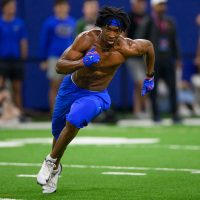 Wide receiver J. Michael Sturdivant runs a route during Pro Day inside the Heavener Football Training Center, Thursday, March 26, 2026, in Gainesville, Fla. (Noah Lantor/WRUF)