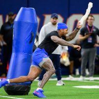 Edge rusher George Gumbs Jr. runs during Pro Day inside the Heavener Football Training Center, Thursday, March 26, 2026, in Gainesville, Fla. (Noah Lantor/WRUF)