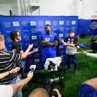 Defensive lineman Caleb Banks takes interviews during Pro Day inside the Heavener Football Training Center, Thursday, March 26, 2026, in Gainesville, Fla. (Noah Lantor/WRUF)