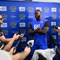 Defensive lineman Caleb Banks takes interviews during Pro Day inside the Heavener Football Training Center, Thursday, March 26, 2026, in Gainesville, Fla. (Noah Lantor/WRUF)