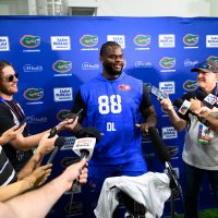 Defensive lineman Caleb Banks takes interviews during Pro Day inside the Heavener Football Training Center, Thursday, March 26, 2026, in Gainesville, Fla. (Noah Lantor/WRUF)