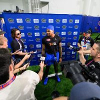 Edge rusher George Gumbs Jr. takes interviews during Pro Day inside the Heavener Football Training Center, Thursday, March 26, 2026, in Gainesville, Fla. (Noah Lantor/WRUF)