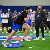 Offensive lineman Austin Barber runs during Pro Day inside the Heavener Football Training Center, Thursday, March 26, 2026, in Gainesville, Fla. (Noah Lantor/WRUF)