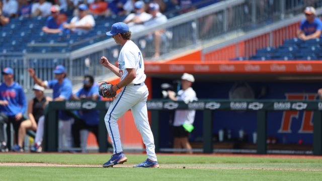 Russell Sandefer celebrates after retiring the last batter of the third inning. (Photo by Ryan Scarane/WRUF)