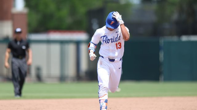 Landon Stripling makes his way around the bases after a solo home run to center field in the sixth inning, extending the Gators lead to four. (Photo by Ryan Scarane/WRUF)