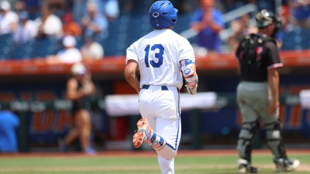Landon Stripling jogs to home plate following a no-doubter to right center in the sixth inning. (Photo by Ryan Scarane/WRUF)