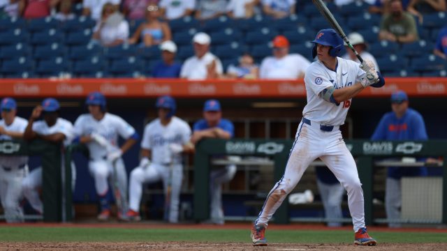 Hayden Yost gets set in the batters box in the bottom of the sixth inning. (Photo by Ryan Scarane/WRUF)