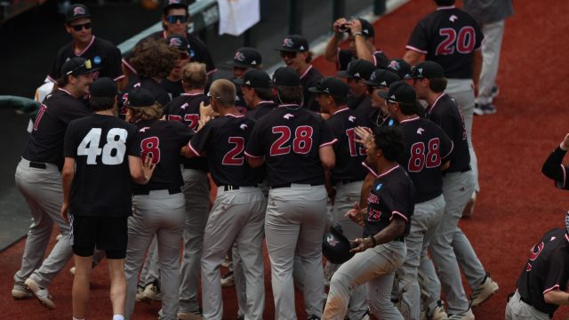 The Rider dugout is riled up as with Anthony Paskell joins the celebration after his grand slam in the top of the eighth inning. (Photo by Ryan Scarane/WRUF)