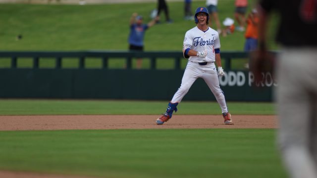 Brendan Lawson is hyped up making his way around the bases after he hit a walk-off homer to win the game for the Gators, 8-7. (Photo by Ryan Scarane/WRUF)