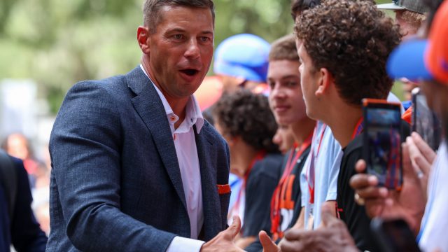 Florida Head Coach Jon Sumrall greets fans during the Gator Walk before the Gators game against Campbell, Saturday, Sept. 12, 2026 in Gainesville, Fla. (Reagan Bresnahan/ WRUF)