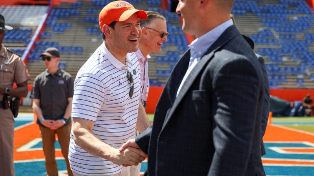 US Secretary of State Marco Rubio greets players at Ben Hill Griffin stadium before an NCAA college football game
against Campbell College,Saturday, Sept. 12,2026, in Gainesville, Fla. (Reagan Bresnahan/ WRUF)