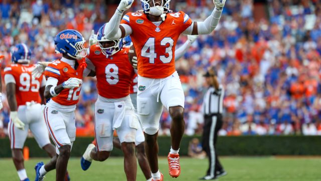 Florida safety Alfonzon Allen Jr. (43) celebrates during the first half of an NCAA college football game against Campbell University, Saturday, Sept. 12, 2026, in Gainesville, Fla. (Reagan Bresnahan/WRUF)