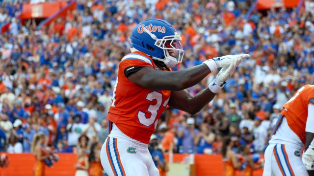 Florida safety DJ Coleman (33) celebrates during the first half of an NCAA college football game against Campbell University, Saturday, Sept. 12, 2026, in Gainesville, Fla. (Reagan Bresnahan/WRUF)