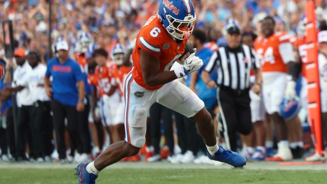 Florida wide receiver Dallas Wilson (6) runs the ball during the first half of an NCAA college football game against Campbell University, Saturday, Sept. 12, 2026, in Gainesville, Fla. (Reagan Bresnahan/WRUF)