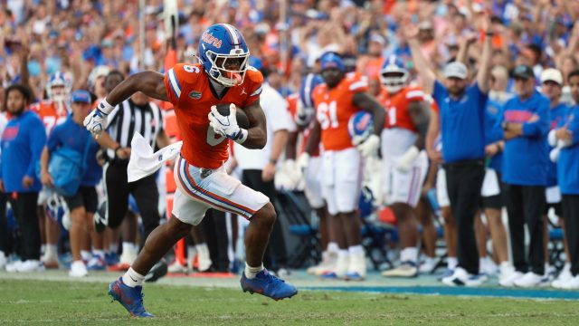 Florida wide receiver Dallas Wilson (6) runs the ball during the first half of an NCAA college football game against Campbell University, Saturday, Sept. 12, 2026, in Gainesville, Fla. (Reagan Bresnahan/WRUF)