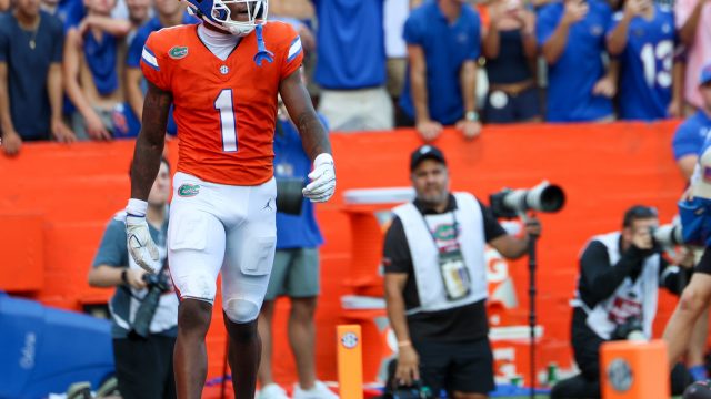 Florida wide receiver Vernell Brown (1) walks after a touchdown during the first half of an NCAA college football game against Campbell University, Saturday, Sept. 12, 2026, in Gainesville, Fla. (Reagan Bresnahan/WRUF)