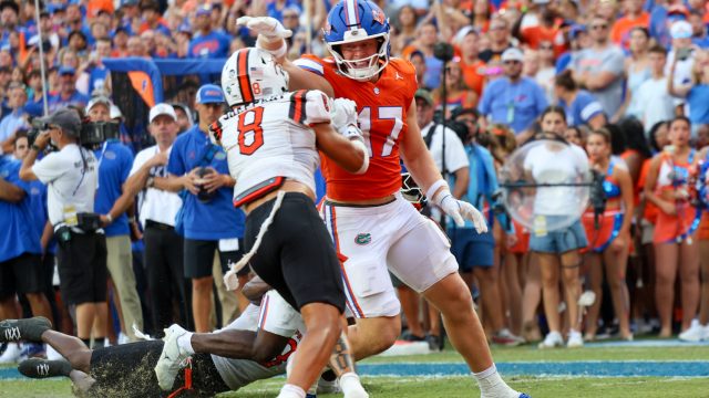 Florida tight end Lacota Dippre (17) runs during the first half of an NCAA college football game against Campbell University, Saturday, Sept. 12, 2026, in Gainesville, Fla. (Reagan Bresnahan/WRUF)