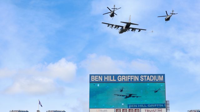 Planes flew over Ben Hill Griffin Stadium before the first half of an NCAA college football game against Campbell University, Saturday, Sept. 12, 2026, in Gainesville, Fla. (Reagan Bresnahan/WRUF)