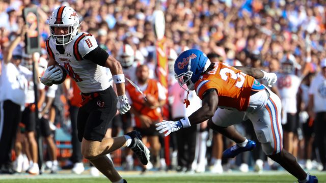 Campbell wide receiver Stevie Keener (11) runs with the ball during the first half of an NCAA college football game
against Florida, Saturday, Sept. 12, 2026, in Gainesville, Fla. (Reagan Bresnahan/WRUF)