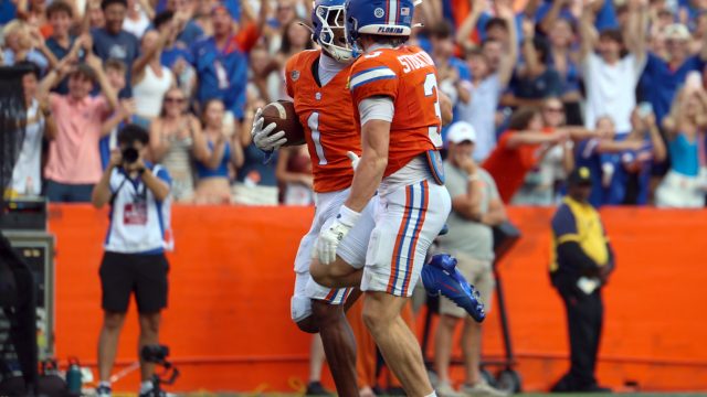 Florida wide receiver Vernell Brown (1) high-fives his teammate wide receiver Bailey Stockton(3) during the first half of an NCAA college football game against Campbell University, Saturday, Sept. 12, 2026, in Gainesville, Fla. (Reagan Bresnahan/WRUF)