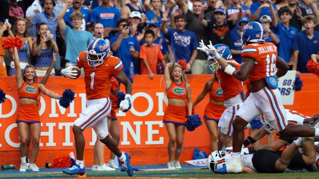 Florida wide receiver Vernell Brown (1) runs in for a touchdown during the first half of an NCAA college football game against Campbell University, Saturday, Sept. 12, 2026, in Gainesville, Fla. (Reagan Bresnahan/WRUF)