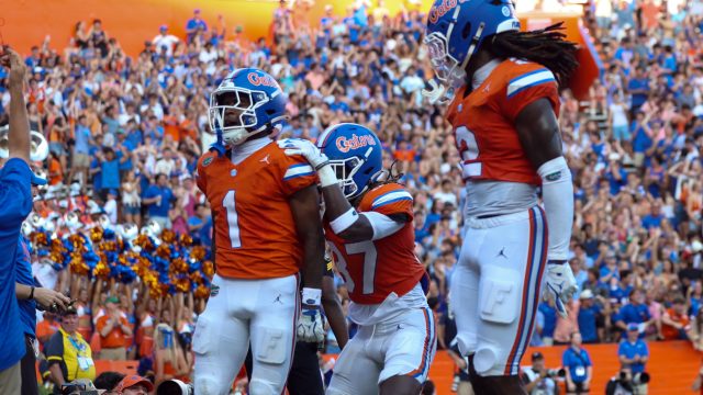 Florida wide receiver Vernell Brown (1) celebrates with his teammates during the first half of an NCAA college football game against Campbell University, Saturday, Sept. 12, 2026, in Gainesville, Fla. (Reagan Bresnahan/WRUF)