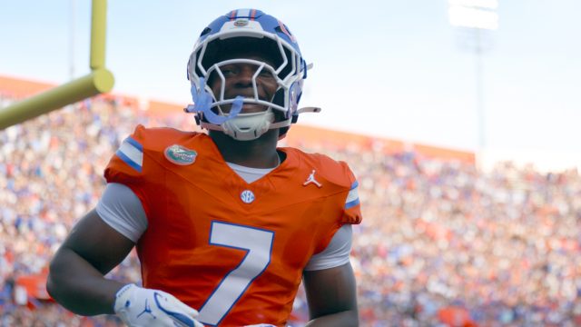 Florida inside linebacker Ty Jackson (7) celebrates during the first half of an NCAA college football game against Campbell University, Saturday, Sept. 12, 2026, in Gainesville, Fla. (Reagan Bresnahan/WRUF)